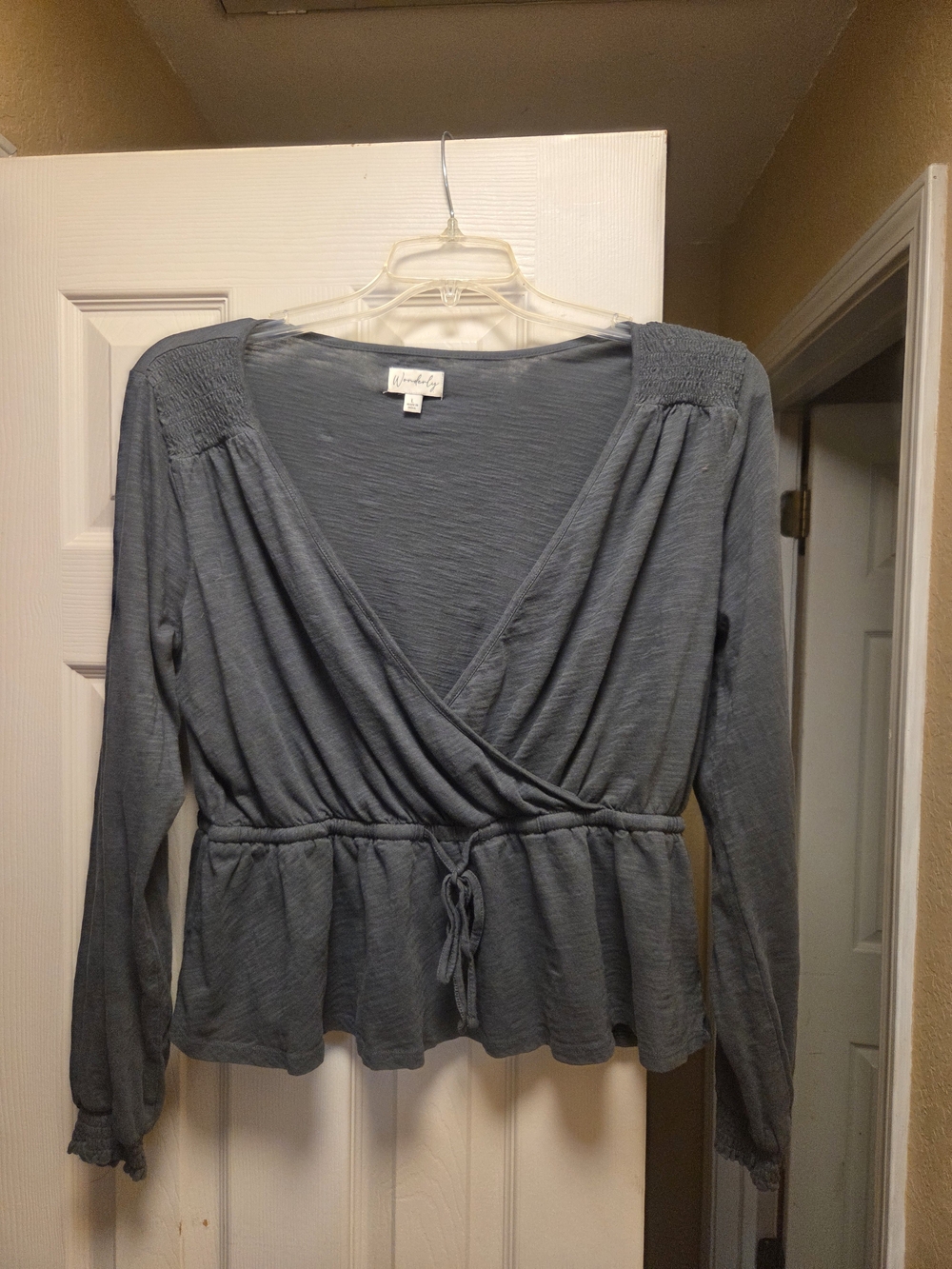 Wonderly Slate Wrap Top with Ruffle Hem